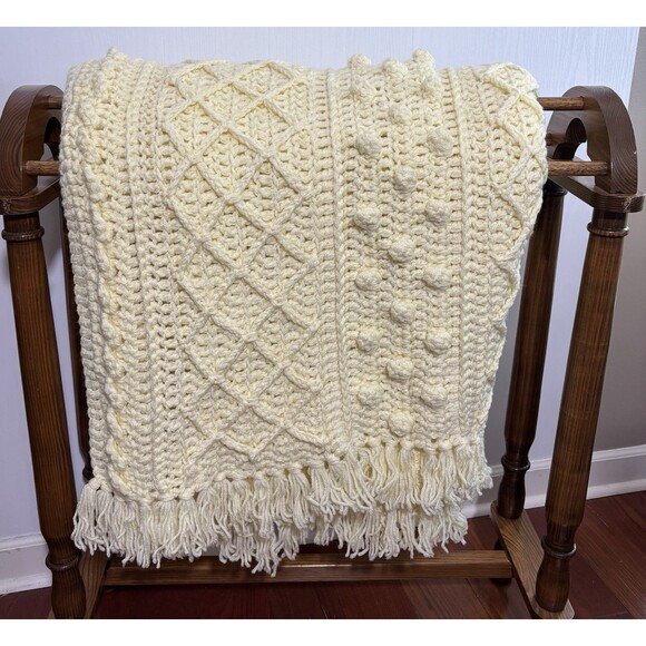 Crochet Afghan Throw Blanket Yellow 3D Nolan Aran Diamond Bobble Fringe Handmade - Picture 6 of 8